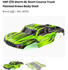 HSP 1/10 Storm BL Short Course Truck Painted Green Body Shell
