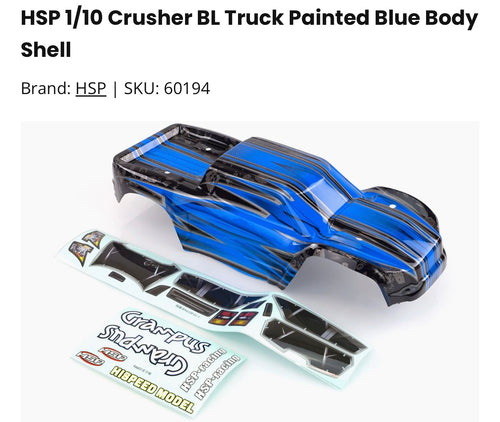 HSP 1/10 Crusher BL Truck Painted Blue Body Shell