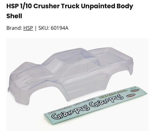 HSP 1/10 Crusher Truck Unpainted Body Shell